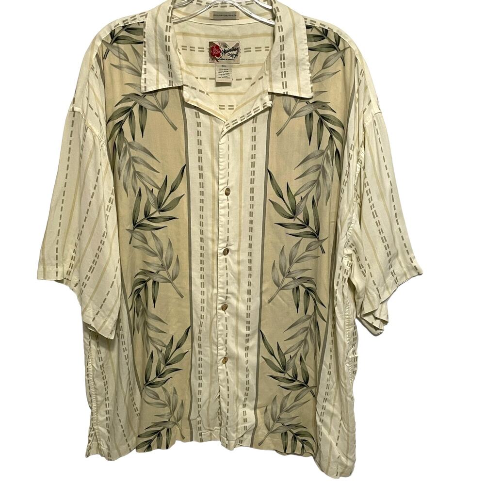 Hilo Hattie Hawaiian Button Camp Shirt Men's Size XXL Cream & Green Short Sleeve